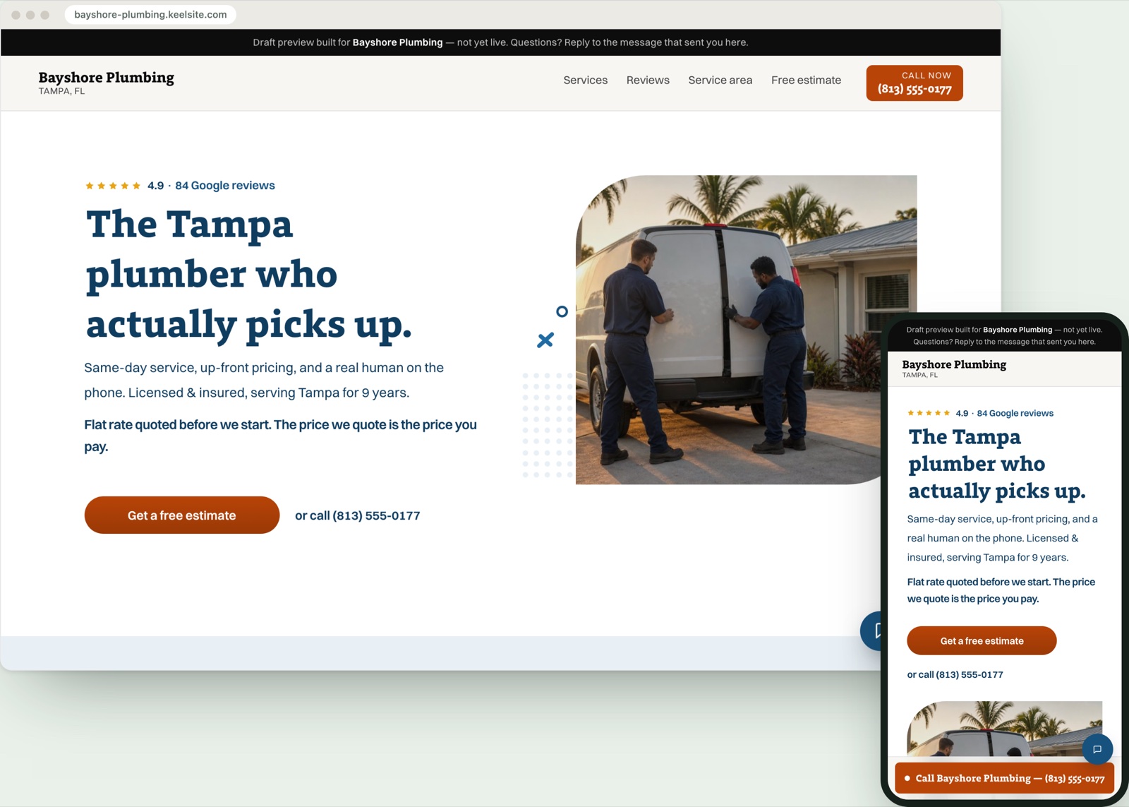 An example Keel site for a fictional plumbing company, shown on a desktop browser and on a phone